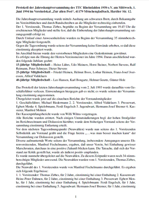 Protokoll der ordentlichen Jahreshauptversammlung 1994