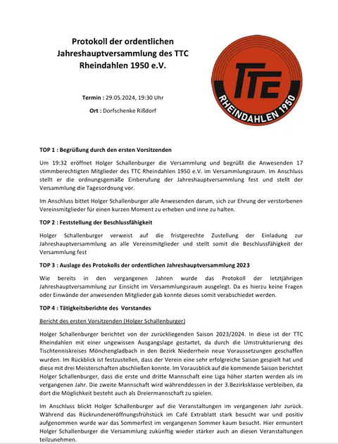 Protokoll ordentliche Jahreshauptversammlung 2024
